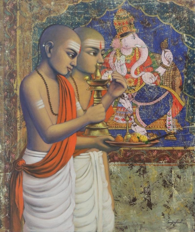 Religious acrylic painting titled 'Ganesha', 40x30 inches, by artist Sanjay Raut on Canvas