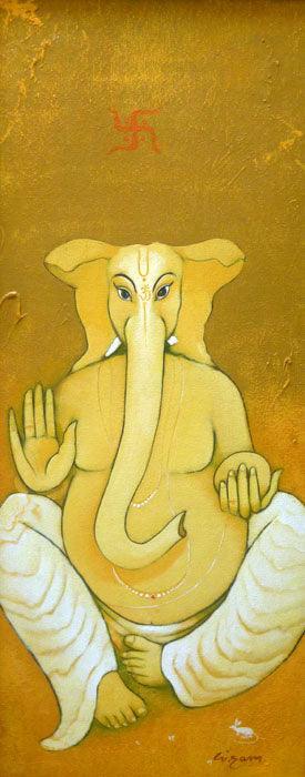 Religious acrylic painting titled 'Ganesha', 38x15 inches, by artist Giram Eknath on Canvas