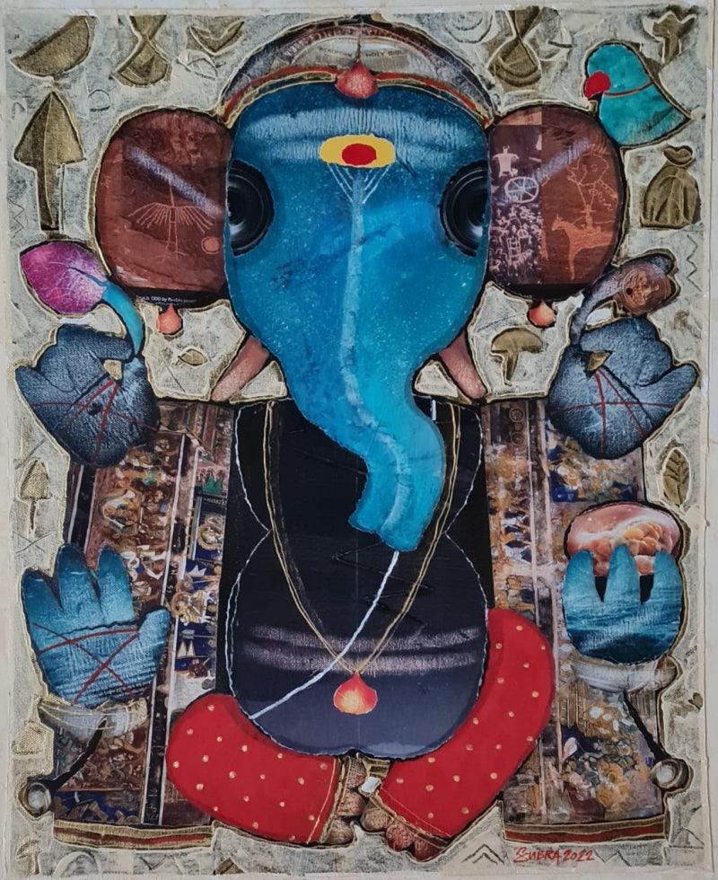 Religious mixed media painting titled 'Ganesha', 22x18 inches, by artist G Subramanian on Canvas