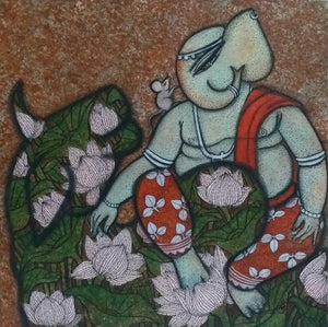 Religious mixed media painting titled 'Ganesha', 12x12 inches, by artist Nabanita Konar on Canvas