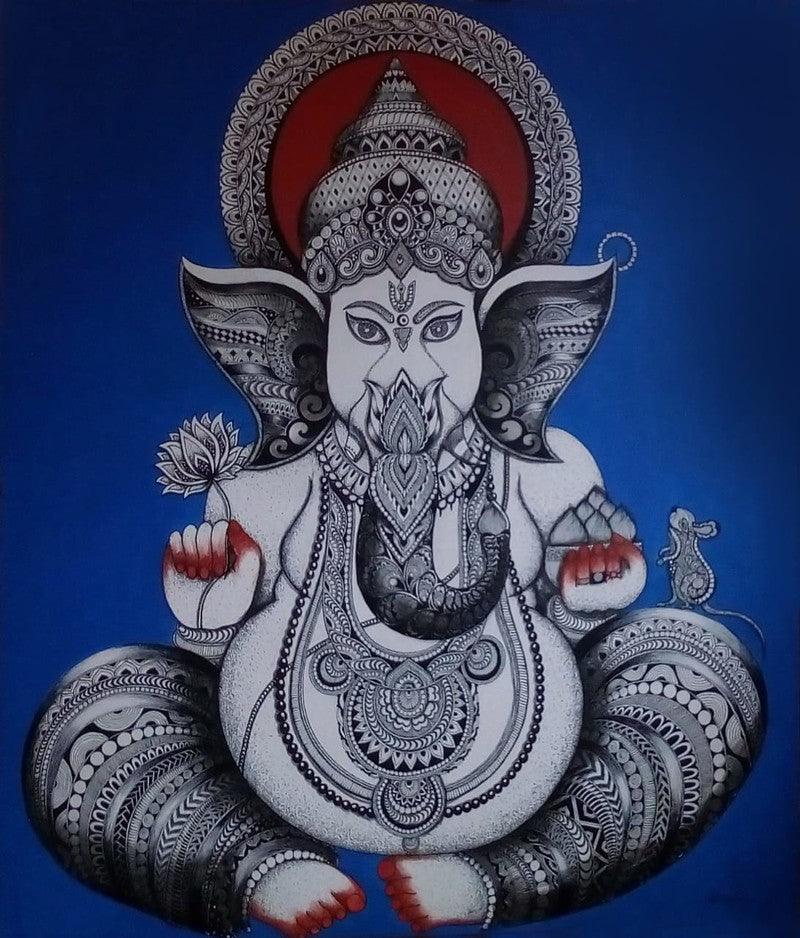 contemporary acrylic pen painting titled 'Ganesha', 30x36 inches, by artist Anjali Singh on Canvas
