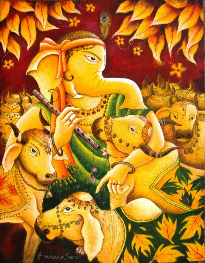 Ganesha In Krishna Mood Painting by Anirban Seth | ArtZolo.com