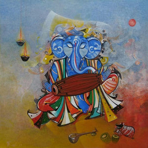 Religious acrylic painting titled 'Ganesha Playing Dholak', 36x36 inches, by artist M Singh on Canvas