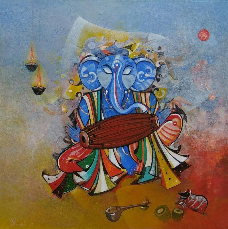 Religious acrylic painting titled 'Ganesha Playing Dholak', 36x36 inches, by artist M Singh on Canvas