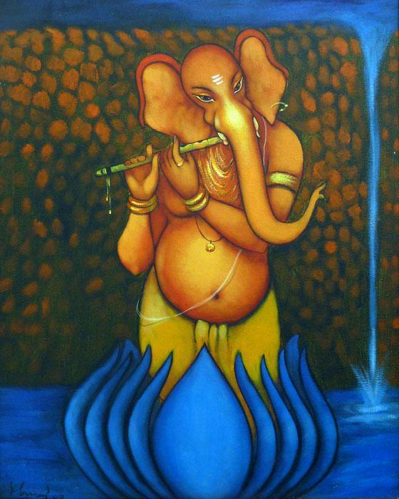 Ganesha Playing Flute Painting by Manoj Aher | ArtZolo.com