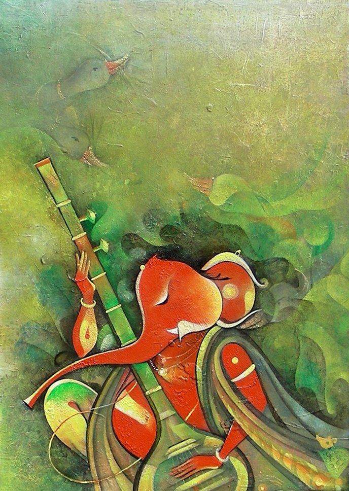 Ganesha Playing Instrument I Painting by M Singh | ArtZolo.com