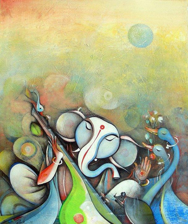 Ganesha Playing Instrument Iii Painting by M Singh | ArtZolo.com