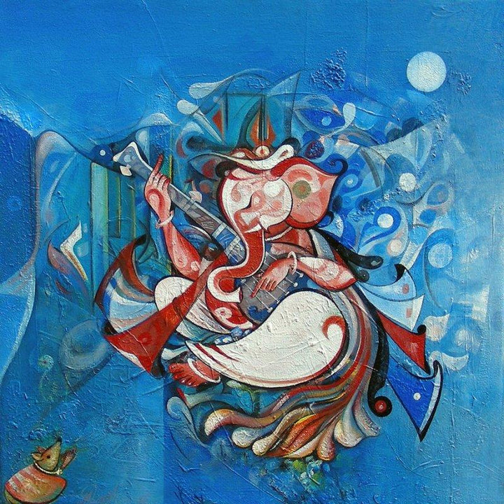 Ganesha Playing Instrument Iv Painting by M Singh | ArtZolo.com