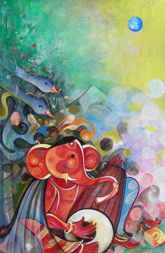 Ganesha Playing Instrument V Painting by M Singh | ArtZolo.com