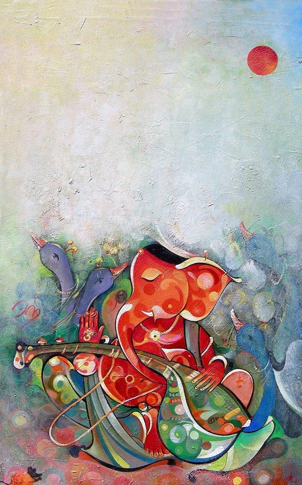 Ganesha Playing Instrument Vi Painting by M Singh | ArtZolo.com