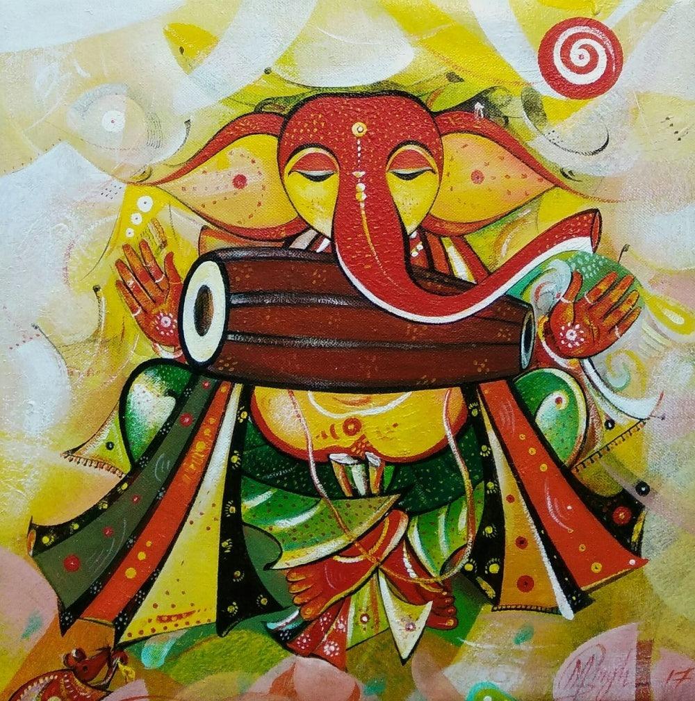 Religious acrylic painting titled 'Ganesha Playing Music', 12x12 inches, by artist M Singh on Canvas