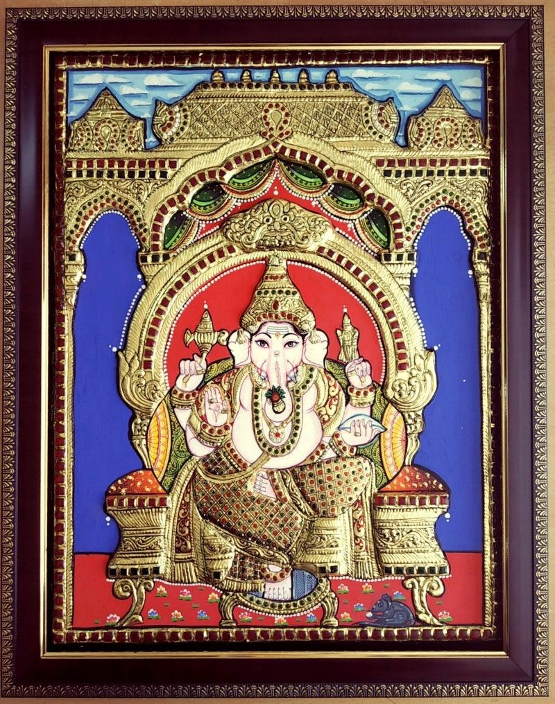 Religious tanjore traditional art titled 'Ganesha Tanjore Painting', 18x14 inches, by artist VANI VIJAY on Plywood