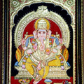 Religious tribal painting titled 'Ganesha Tanjore Painting', 27x21 inches, by artist VANI VIJAY on Wood