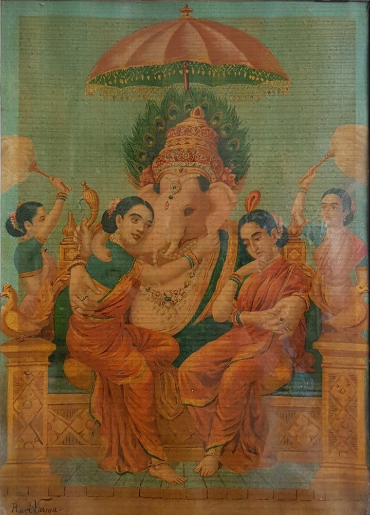 Ganesha With Conserts Riddi And Siddi Painting by Raja Ravi Varma | ArtZolo.com