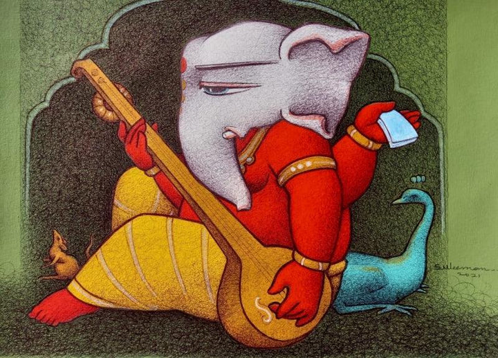 Ganesha With Musical Instrument Painting by Mohammed Suleman | ArtZolo.com