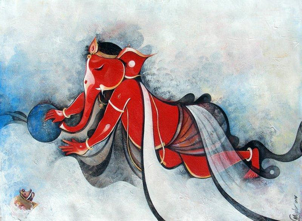Ganesha On Cloud Painting by M Singh | ArtZolo.com