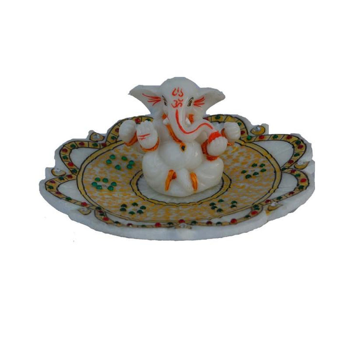 Ganesha On Marble Stone Studded Plate Handicraft by E Craft | ArtZolo.com