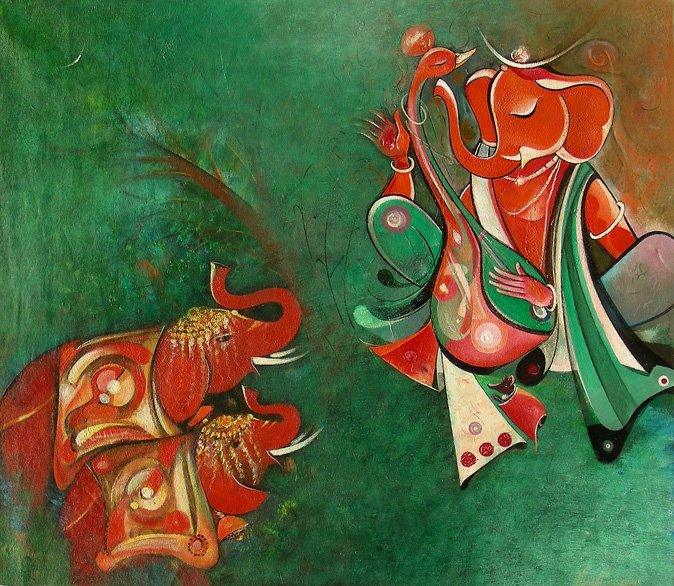 Ganesha With Elephants Painting by M Singh | ArtZolo.com