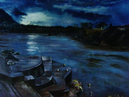 Ganga At Dusk Painting by Manjula Dubey | ArtZolo.com