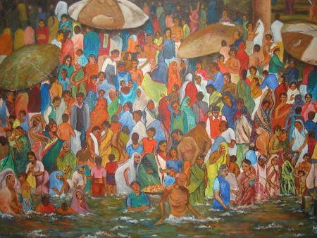 Ganga Bathing Ghats Painting by Manjula Dubey | ArtZolo.com