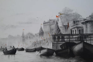 Cityscape charcoal painting titled 'Ganga Ghat 2', 24x36 inches, by artist Akash Parkande on Canvas