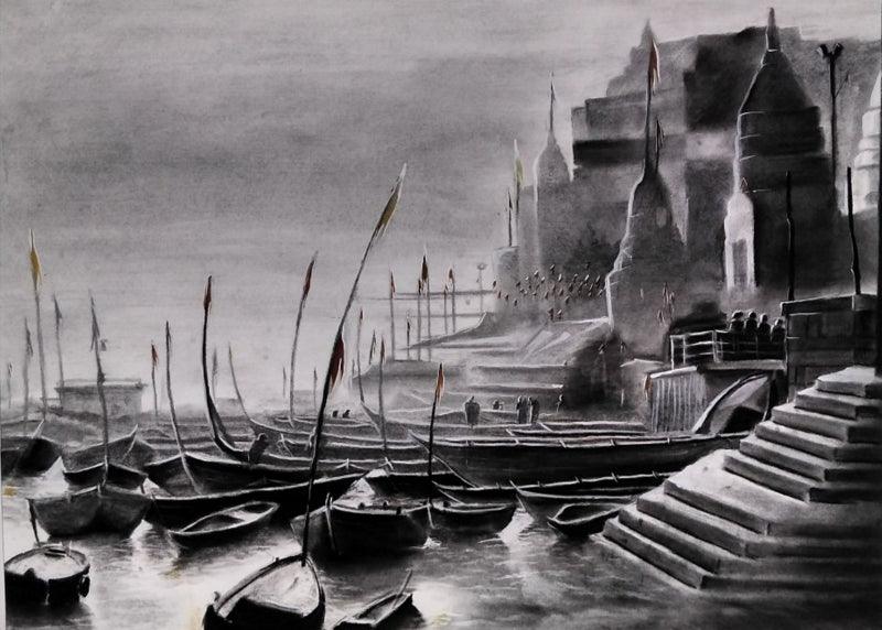 Cityscape charcoal painting titled 'Ganga Ghat 4', 30x42 inches, by artist Akash Parkande on Canvas