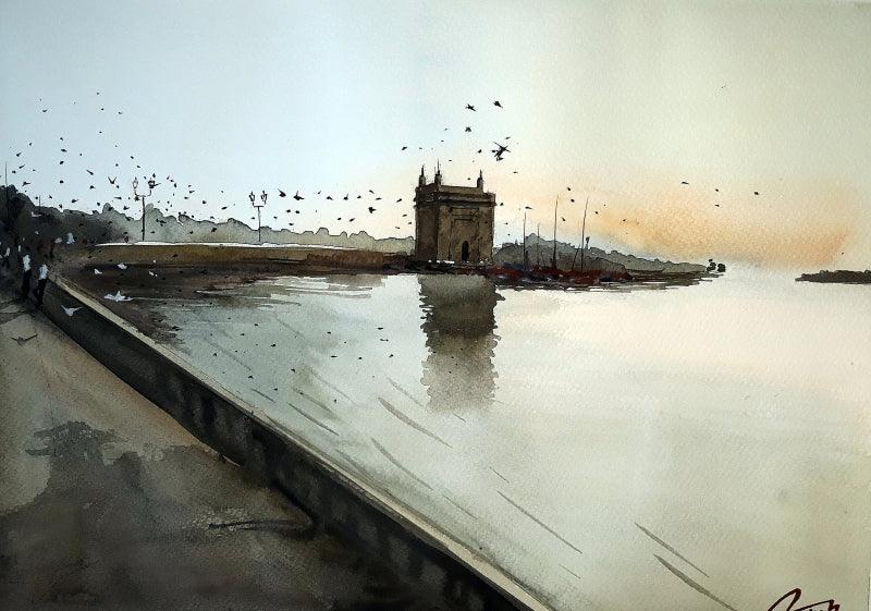 Cityscape watercolor painting titled 'Gateway Of India', 9x12 inches, by artist Arunava Ray on Paper