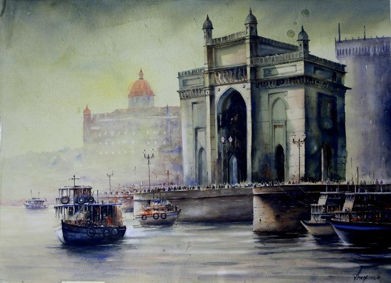Place watercolor painting titled 'Gateway Of India', 30x43 inches, by artist Arup Lodh on Fabriano Paper