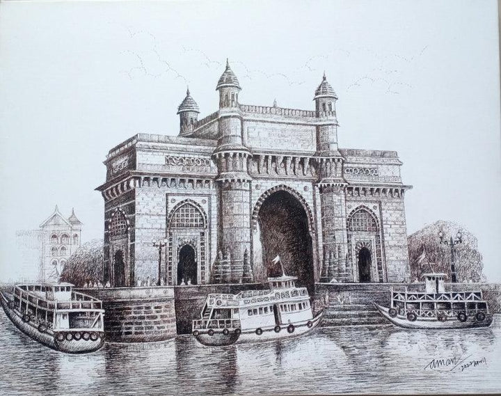 Gateway Of India Mumbai From Arabian Sea Drawing by Aman A | ArtZolo.com