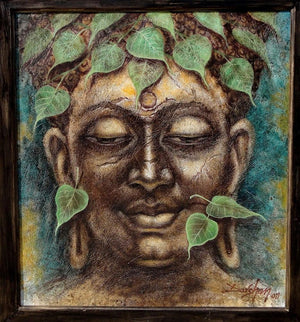 Religious oil painting titled 'Gautama Buddha 2', 36x32 inches, by artist Darshan Sharma on Canvas