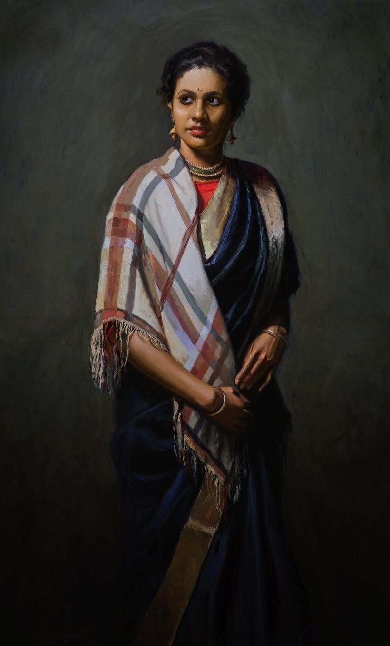 Figurative oil painting titled 'Gayatri', 44x30 inches, by artist Mahesh Soundatte on Linen