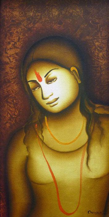 Figurative acrylic painting titled 'Gazing Woman', 24x12 inches, by artist Monica on Canvas