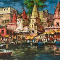 Cityscape acrylic painting titled 'Ghats Of Varanasi', 36x60 inches, by artist Sandeep Chhatraband on Canvas
