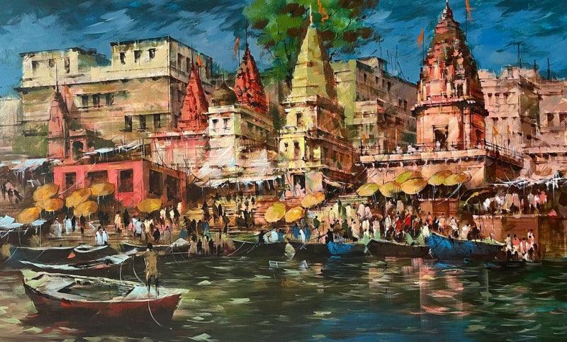 Cityscape acrylic painting titled 'Ghats Of Varanasi', 36x60 inches, by artist Sandeep Chhatraband on Canvas