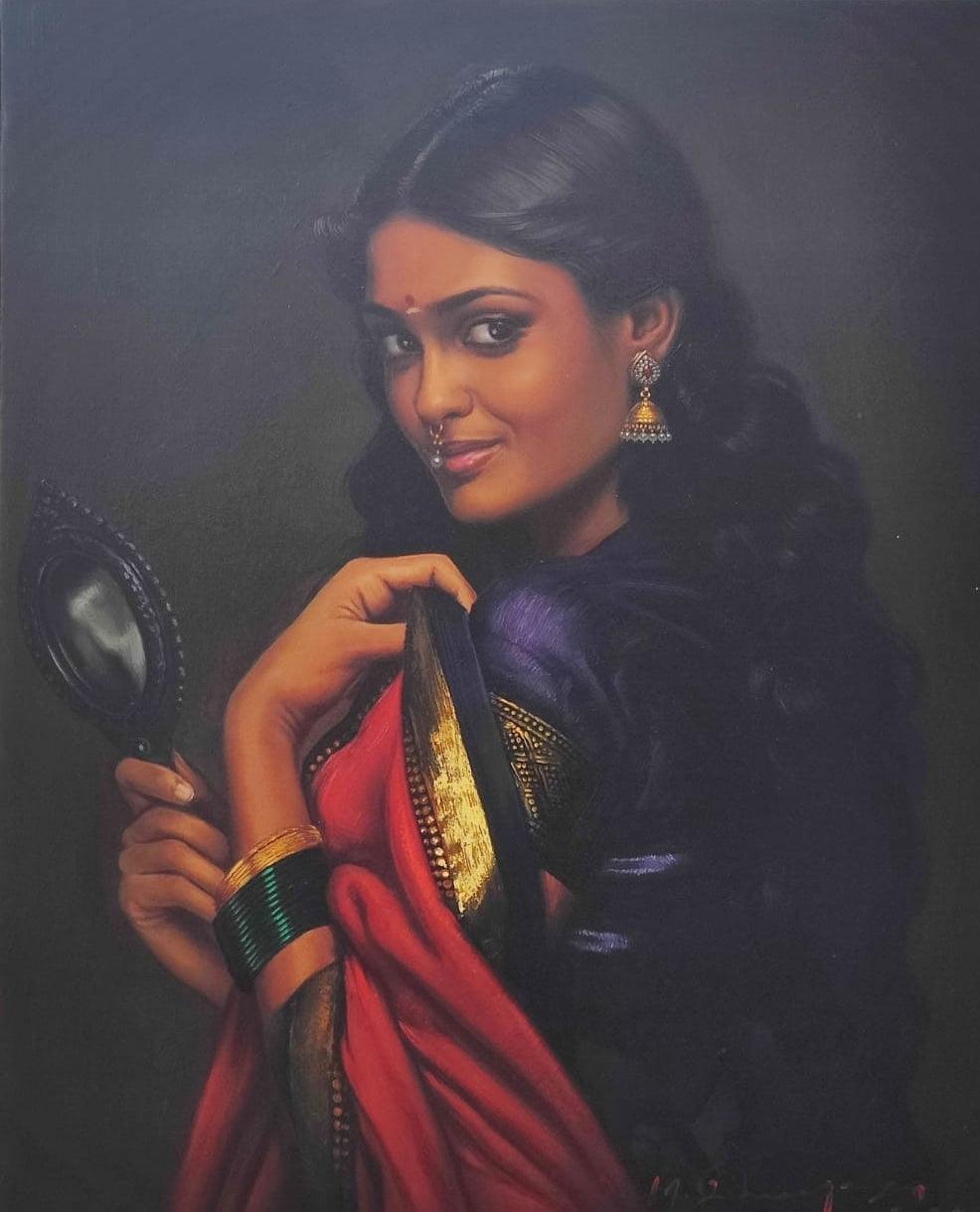 Figurative oil painting titled 'Girl', 20x16 inches, by artist S Elayaraja on Canvas