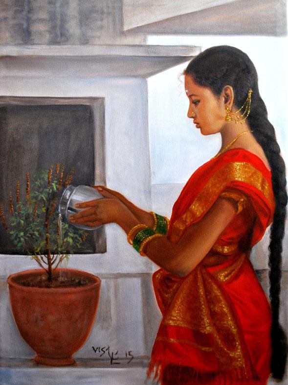 Girl Doing Tulsi Pooja Painting by Vishalandra Dakur | ArtZolo.com