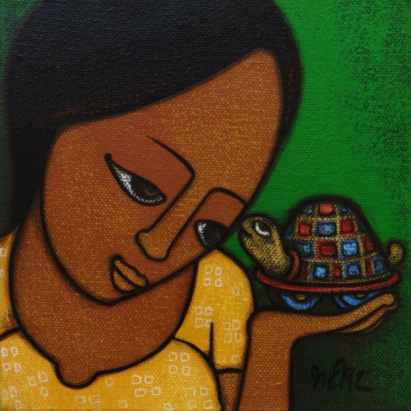Girl With A Turtle Painting by Hitendra Singh Bhati | ArtZolo.com