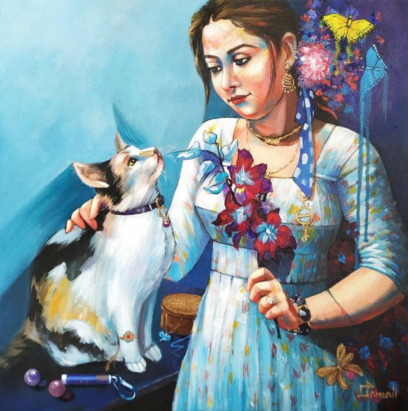 Figurative acrylic painting titled 'Girl With Cat', 20x20 inches, by artist Tamali Das on Canvas