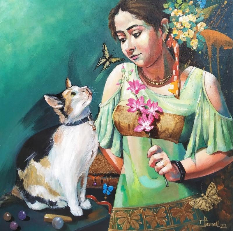 Figurative acrylic painting titled 'Girl With Cat', 20x20 inches, by artist Tamali Das on Canvas