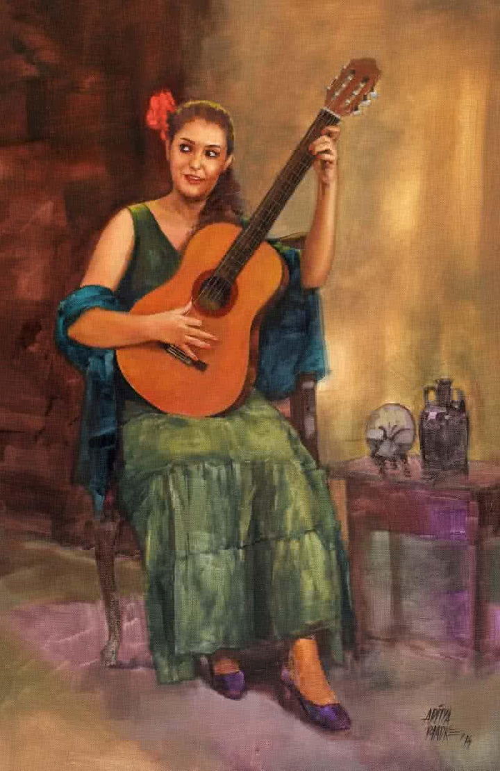 Girl With The Guitar Large Painting by Aditya Phadke | ArtZolo.com