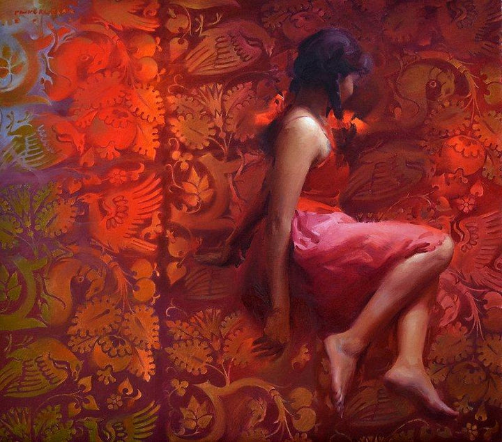 Girl In Red Painting by Pramod Kurlekar | ArtZolo.com