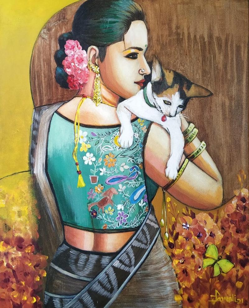 Figurative acrylic painting titled 'Girl with Cat', 20x16 inches, by artist Tamali Das on canvas