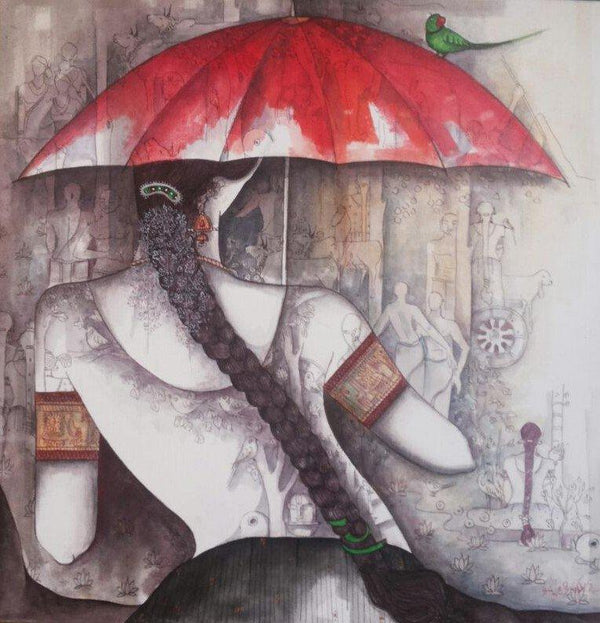 Girl With Red Umbrella Painting by Kappari Kishan | ArtZolo.com