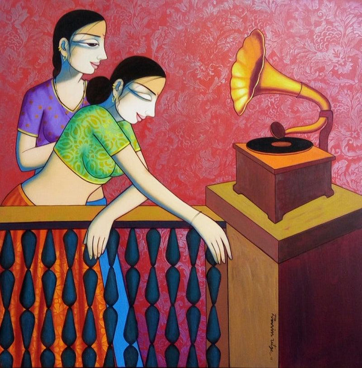 Girls Playing Gramophone Painting by Pravin Utge | ArtZolo.com