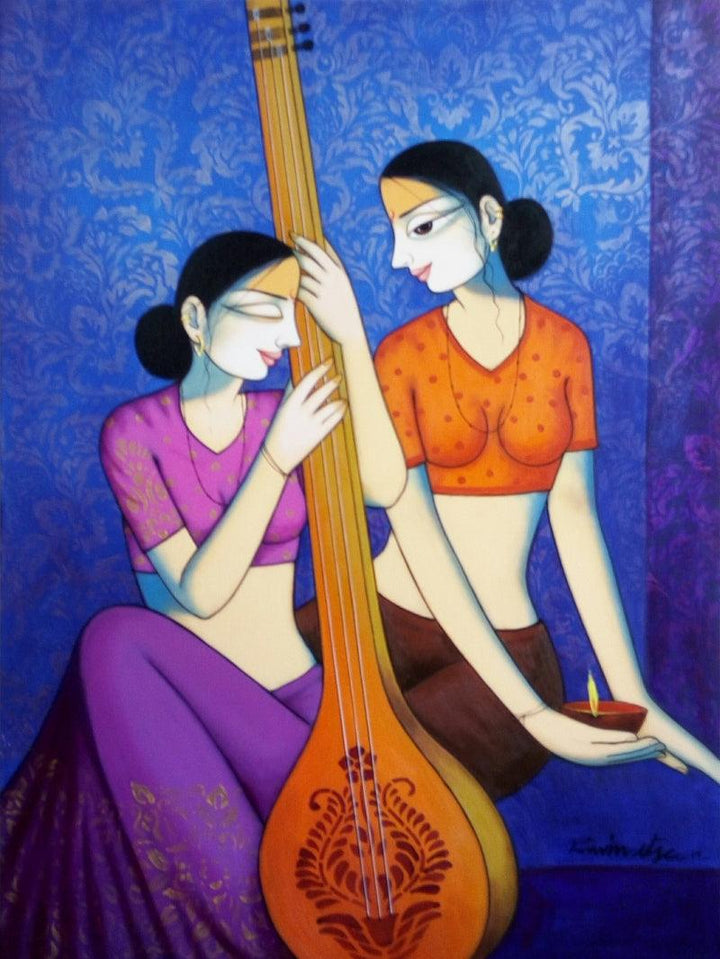 Girls Playing Sitar Painting by Pravin Utge | ArtZolo.com