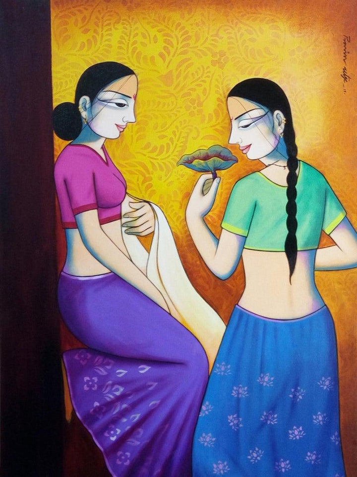 Girls With Flower Painting by Pravin Utge | ArtZolo.com