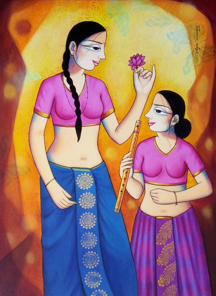 Girls With Lotus Painting by Pravin Utge | ArtZolo.com
