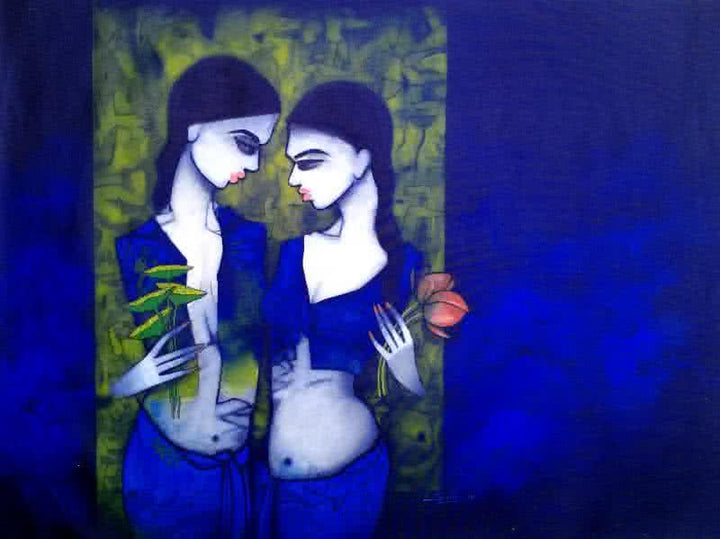 Girls In Blue Painting by Mukesh Salvi | ArtZolo.com