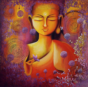 contemporary acrylic painting titled 'Glimpse Of Buddhas Enlightenment', 36x36 inches, by artist NITU CHHAJER on Canvas