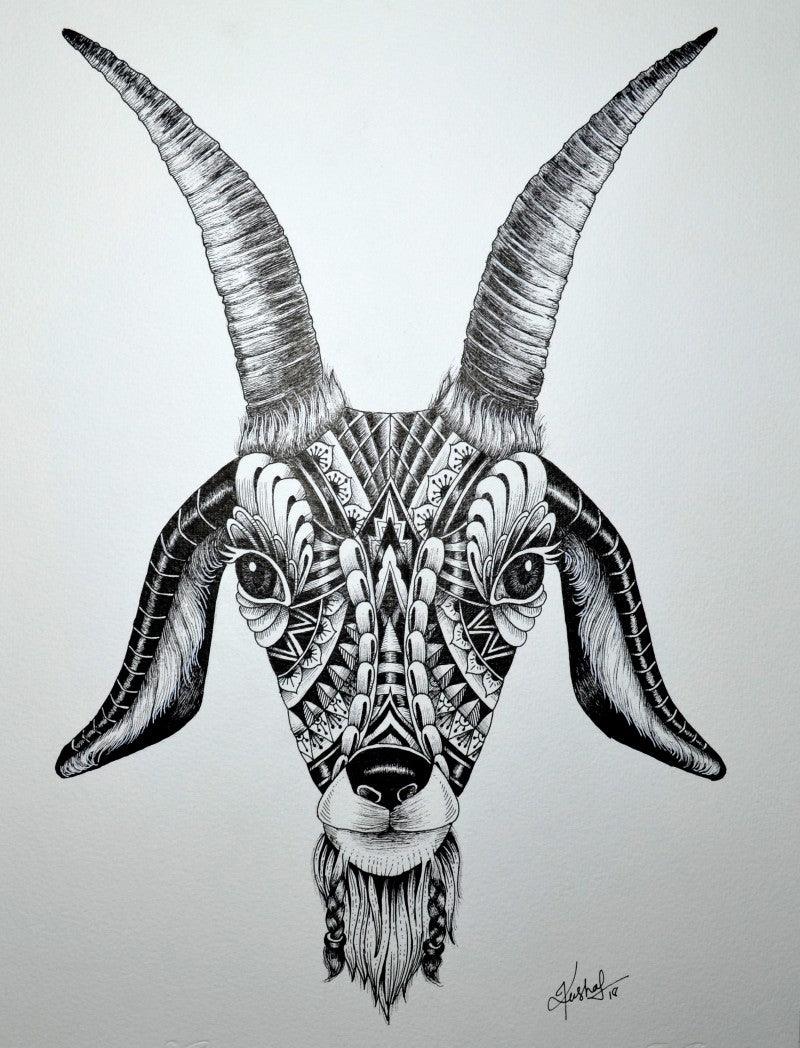 Animals pen drawing titled 'Goat', 15x11 inches, by artist Kushal Kumar on Paper
